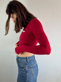 Longsleeve Backless Shirt Red Slim Fit Layering Stretchy Crop Top – S/M