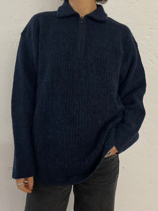 Vintage Dark Blue Wool Sweater Zip Collar High Neck – M