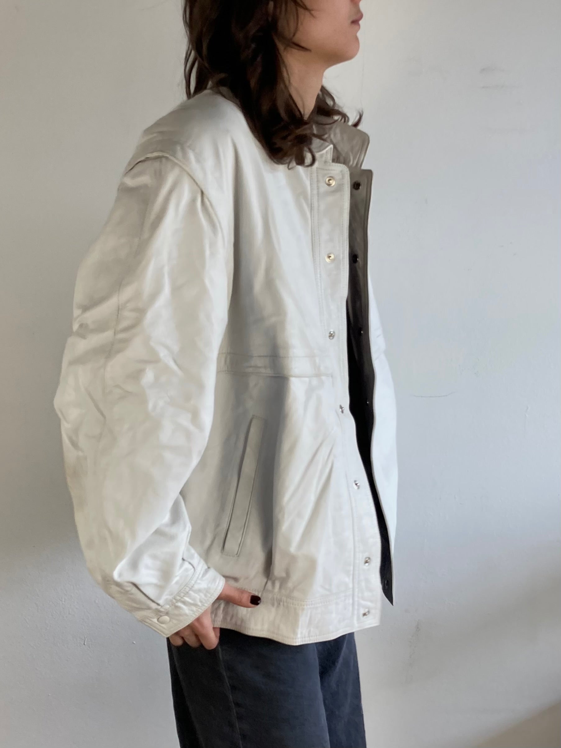 Leather Jacket Vintage DeFrino Cream White Minimal Spring Layering Unisex – M/L