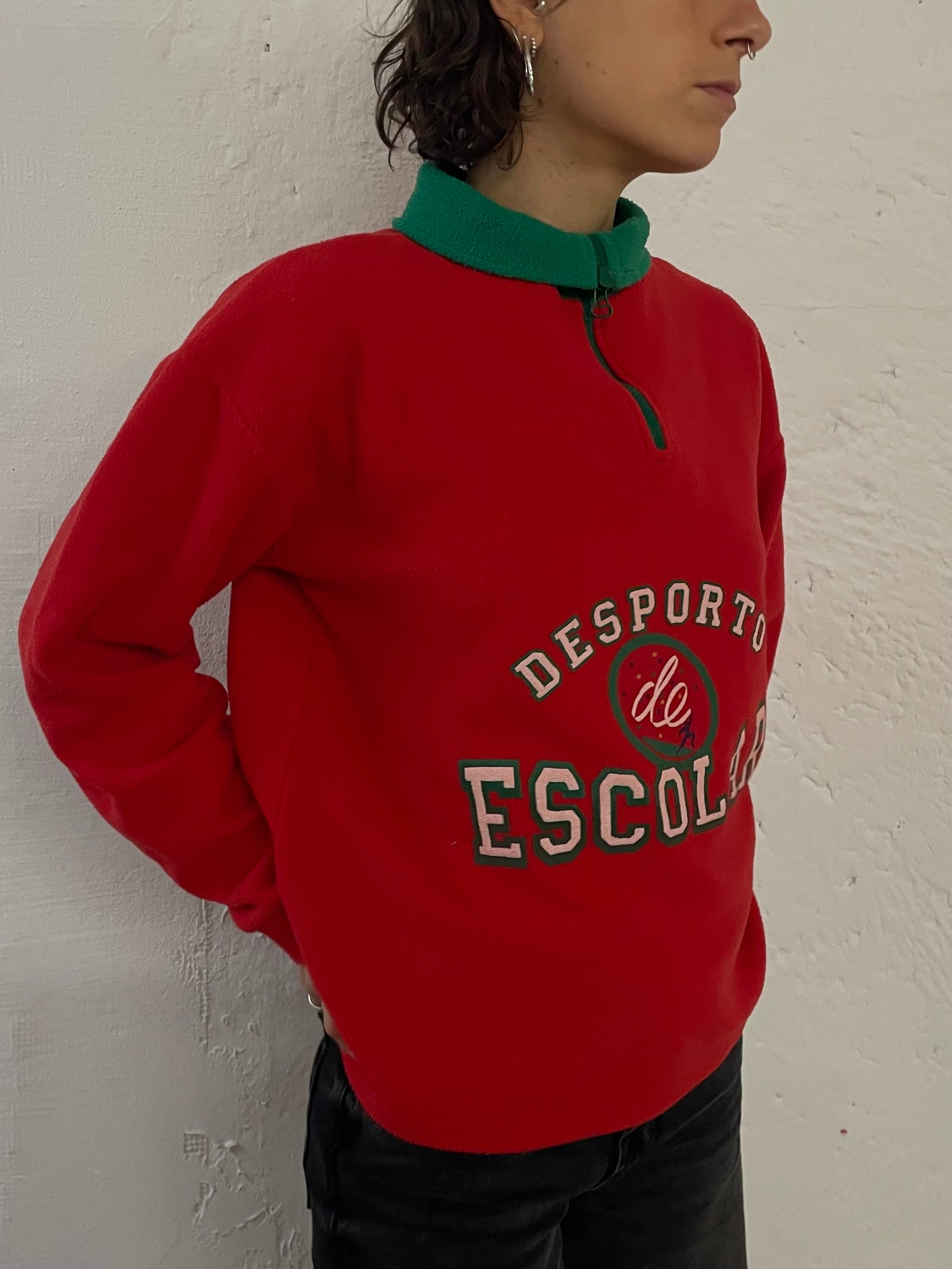 Vintage Fleece Zip Sweater Front Embroidery Red Green – M