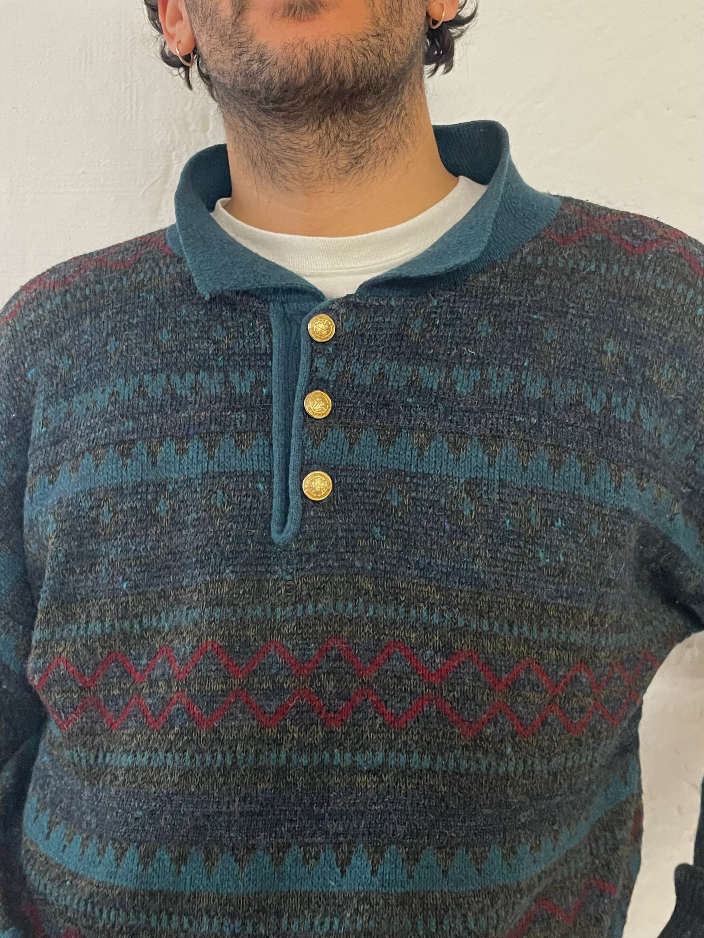 Vintage Sweater Blue Grey Polo Neck & 3 Buttons – M