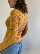 Shirt Vintage Yellow Ochre Striped Longsleeve Slim Fit Women – S