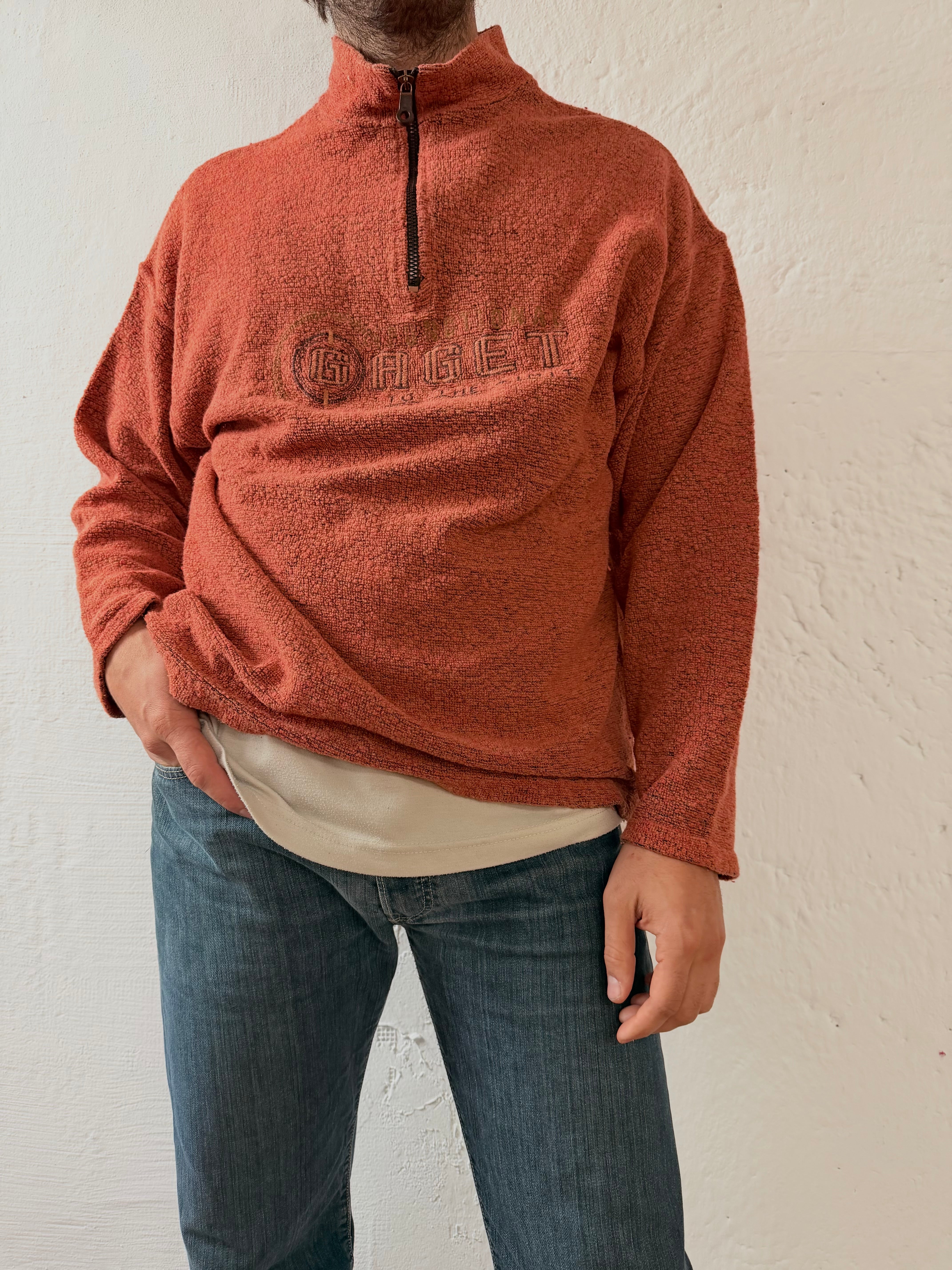 Vintage Zip Wool Pullover Giramondo Orange Front Stitching – L