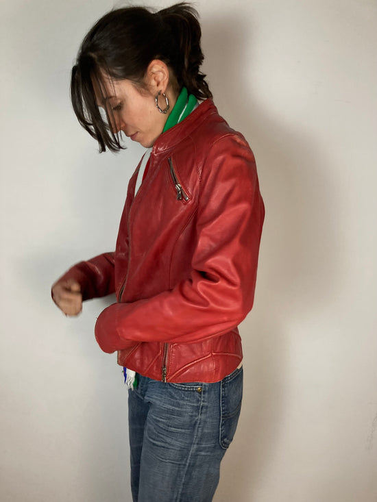 Jacket Vintage Arma Biker Leather Jacket Red Unisex – S