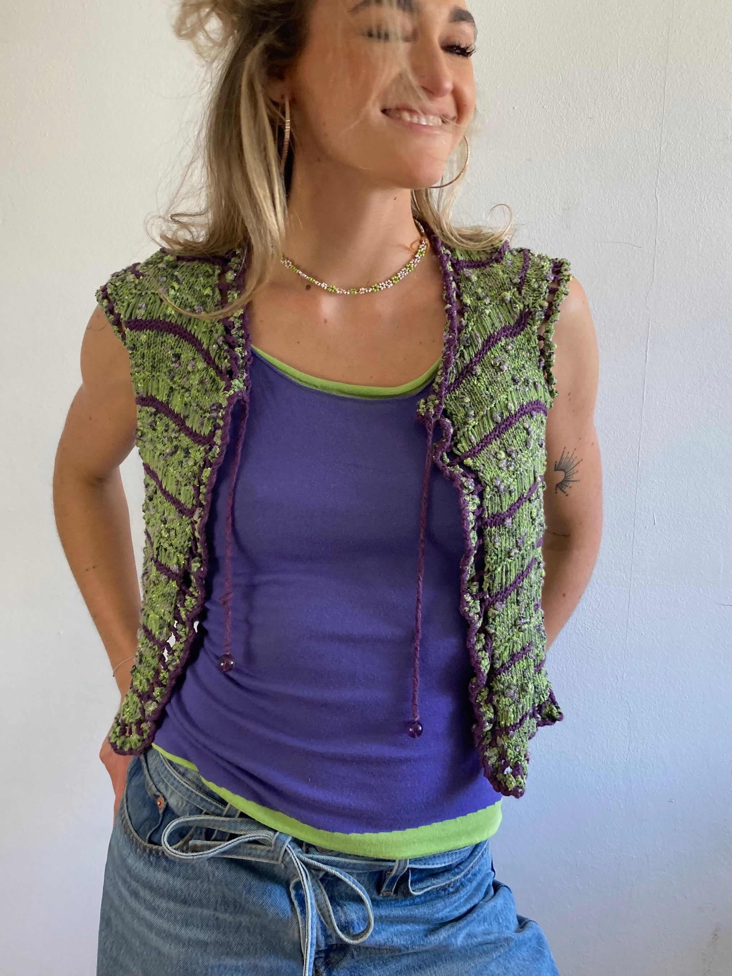 Vest Knit Vintage Y2K Purple Green Button Detail Layering Knit – S/M