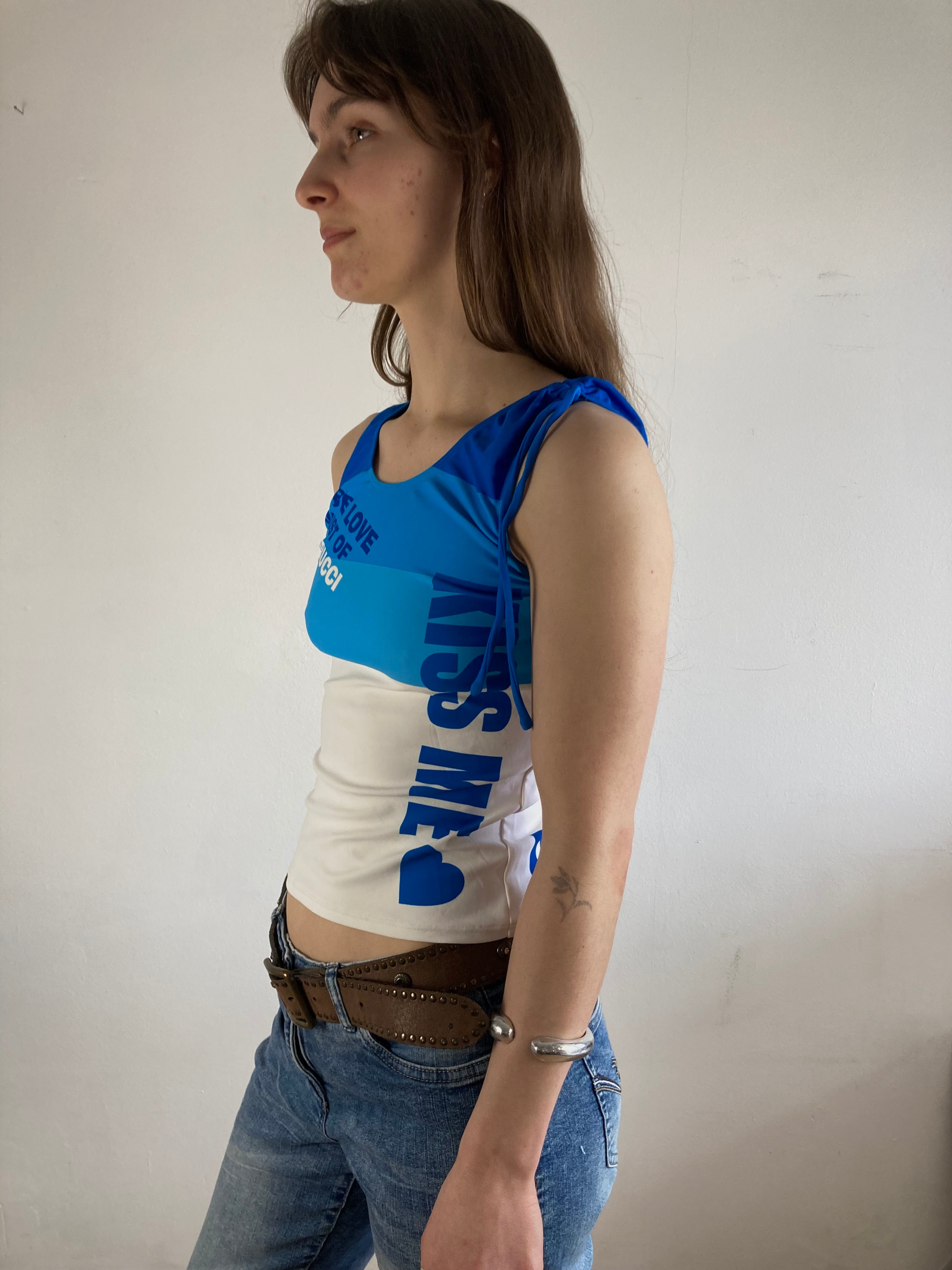 Top Vintage Y2K Kiss Me Front Print Blue Strappy Slim Fit Women – S