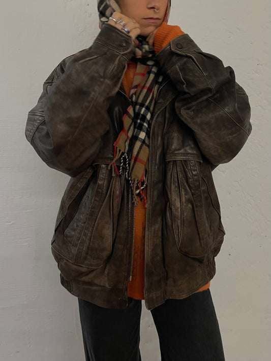 Vintage Trapper Leather Jacket Dark Brown Oversized Unisex - L