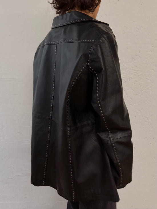Vintage Leather Jacket Black White Stitching Details – M/L