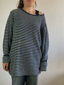 Sweater Vintage Blue White Striped Oversized Cotton Unisex – L