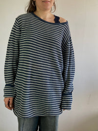 Sweater Vintage Blue White Striped Oversized Cotton Unisex – L
