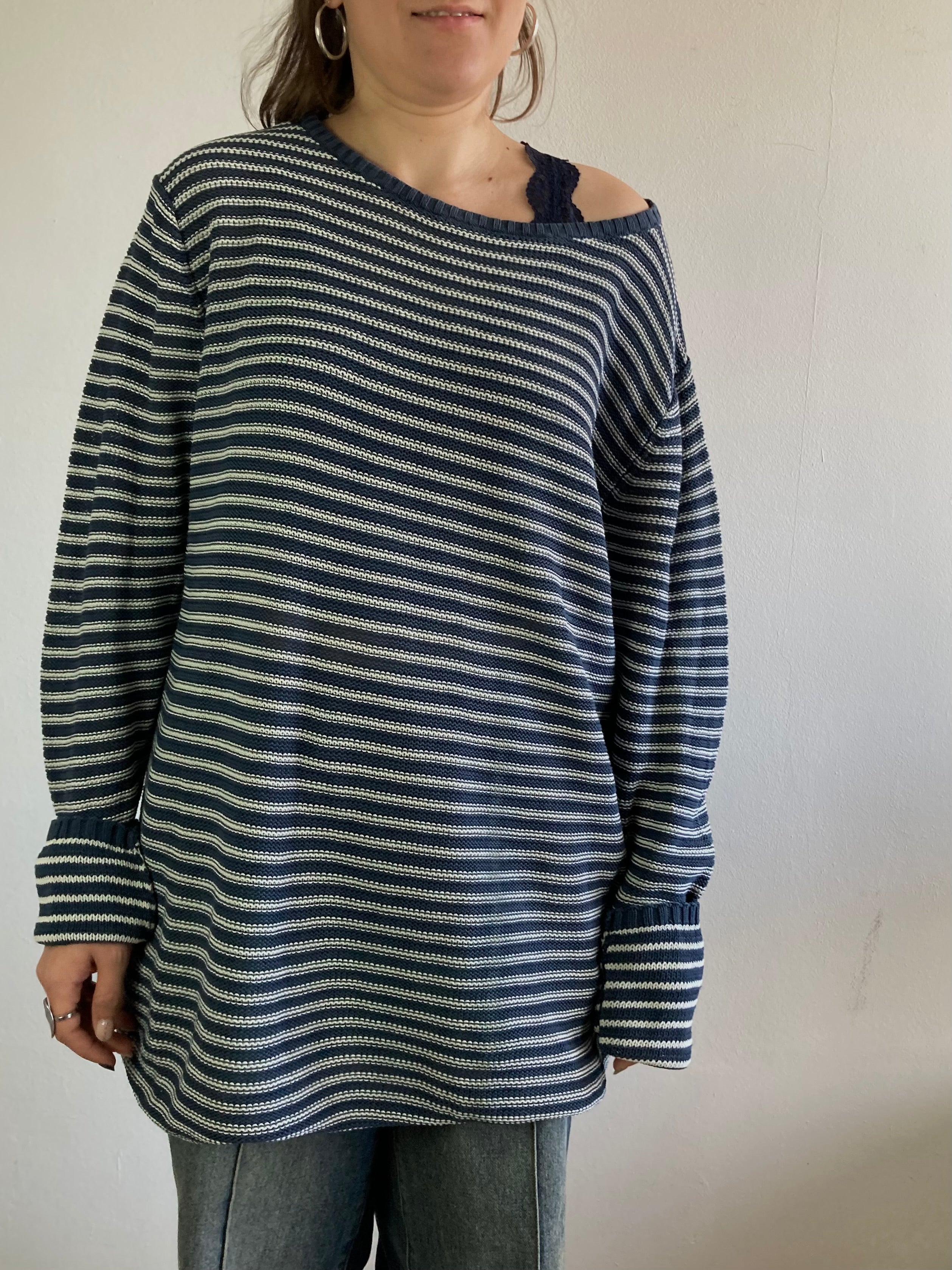 Sweater Vintage Blue White Striped Oversized Cotton Unisex – L