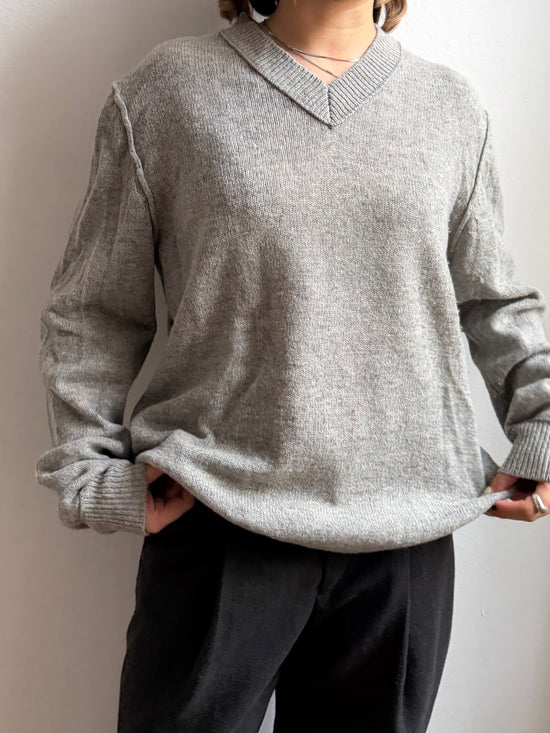Wool V-Neck Sweater Grey Unisex - L