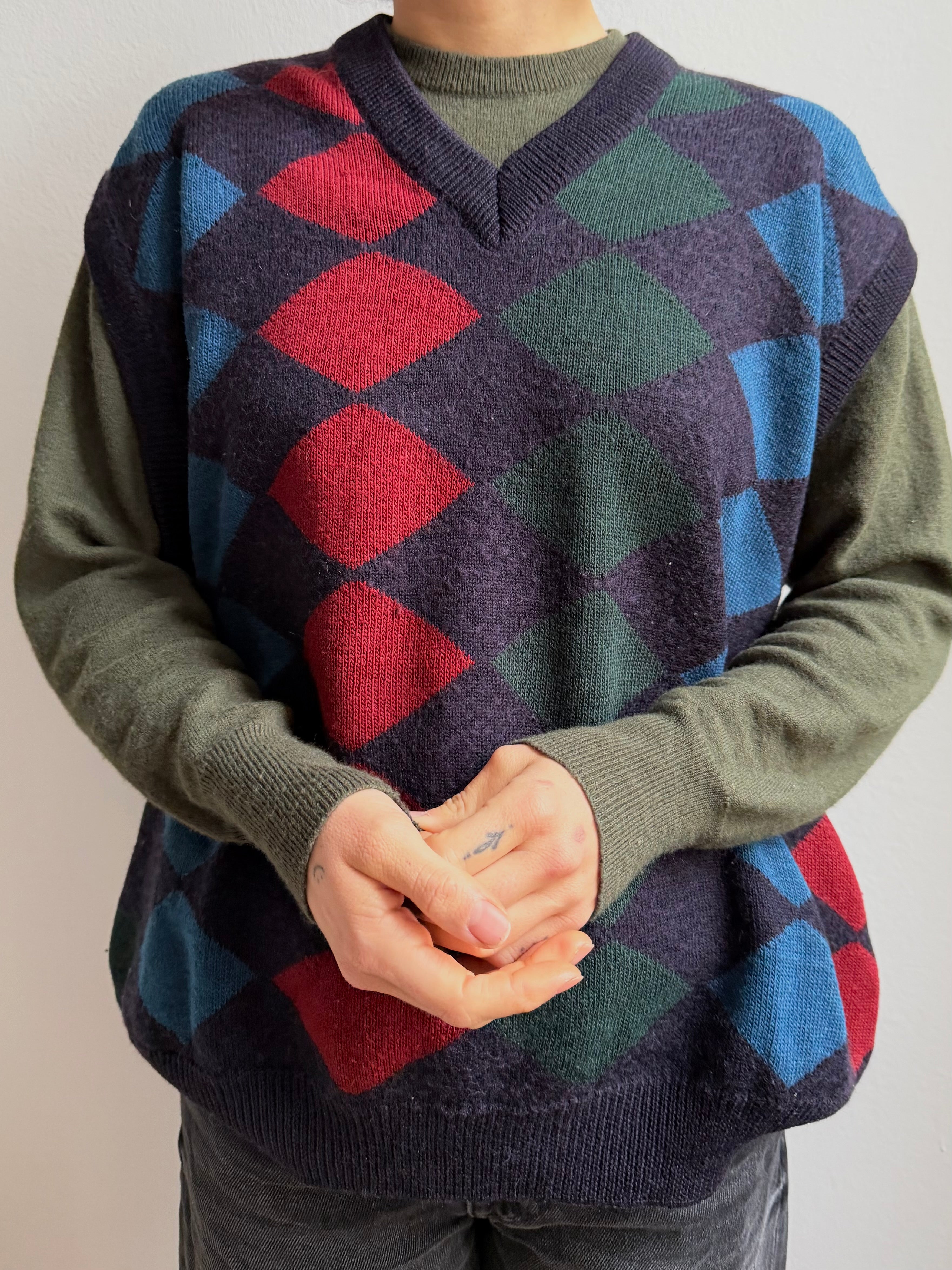 Vintage Uockey Wool Pullunder Red Green and Blue Unisex - XXL