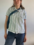 Shirt Vintage Green White Striped Short Sleeve Collar Women – S