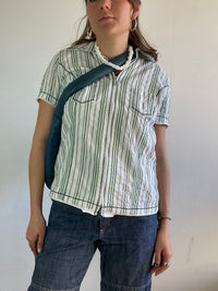 Shirt Vintage Green White Striped Short Sleeve Collar Women – S