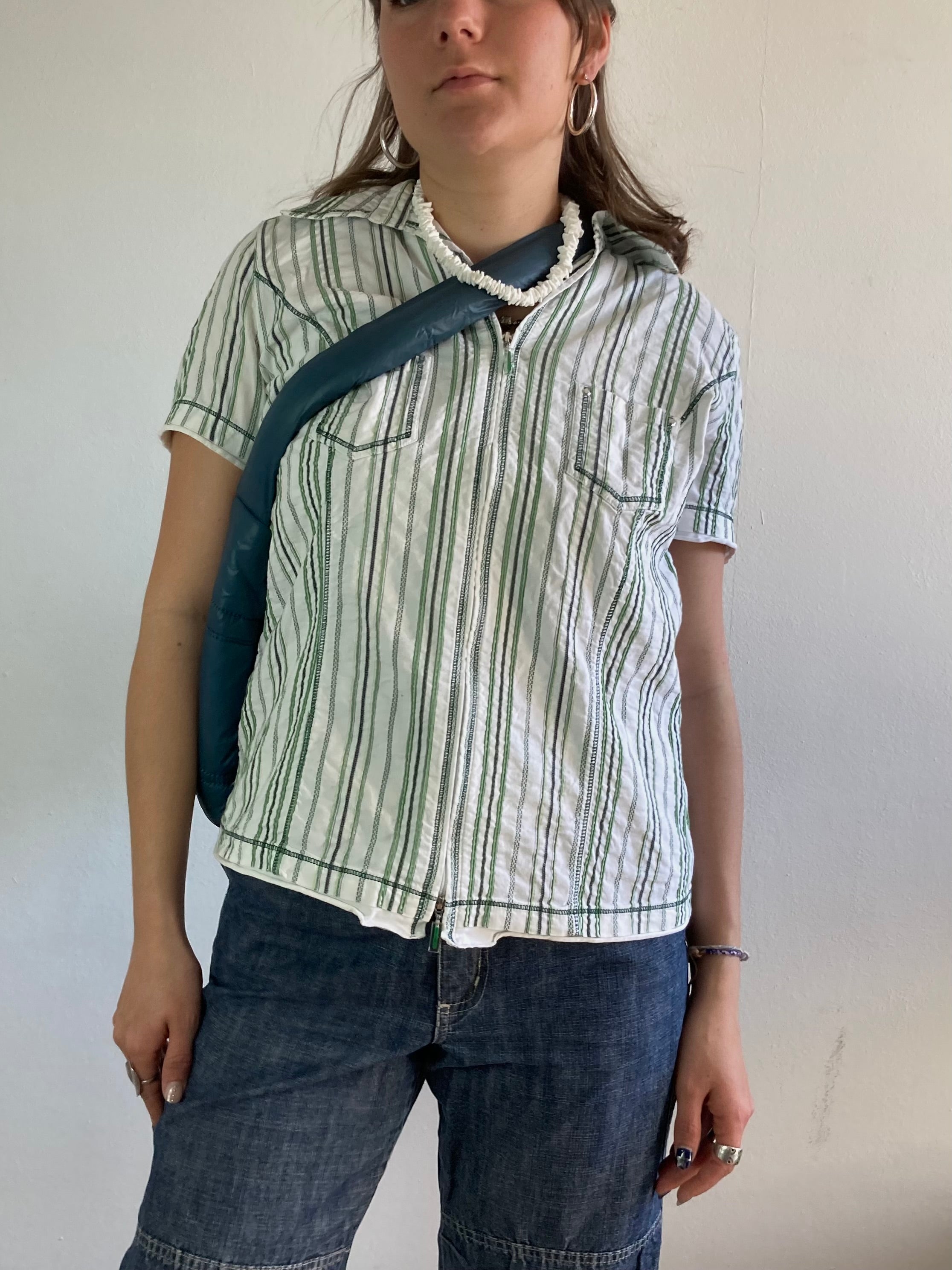 Shirt Vintage Green White Striped Short Sleeve Collar Women – S