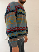 Vintage Oversized Wool Blend Pullover Multicolor Blue Yellow & Red Unisex – L