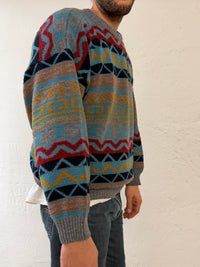 Vintage Oversized Wool Blend Pullover Multicolor Blue Yellow & Red Unisex – L