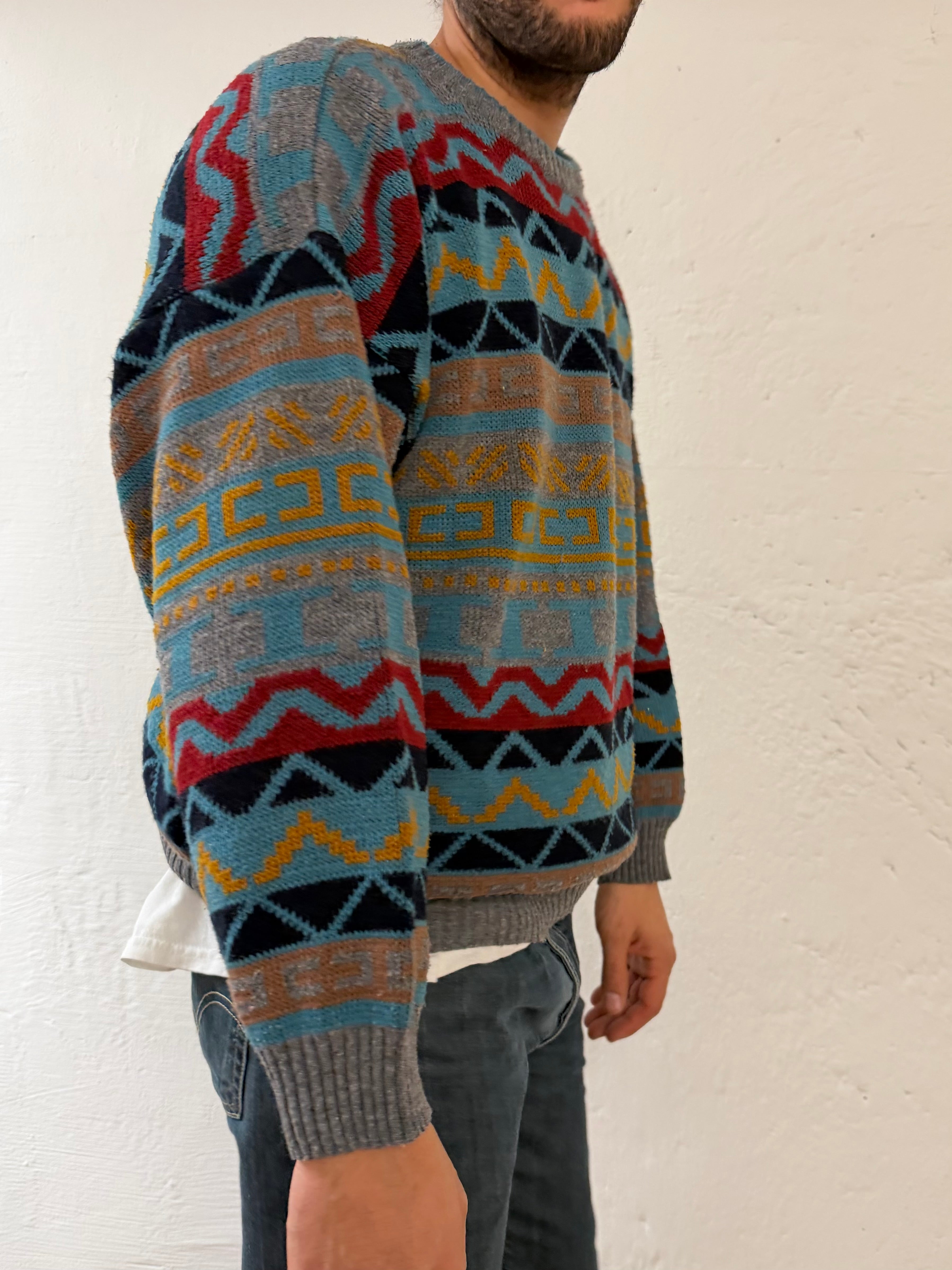 Vintage Oversized Wool Blend Pullover Multicolor Blue Yellow & Red Unisex – L