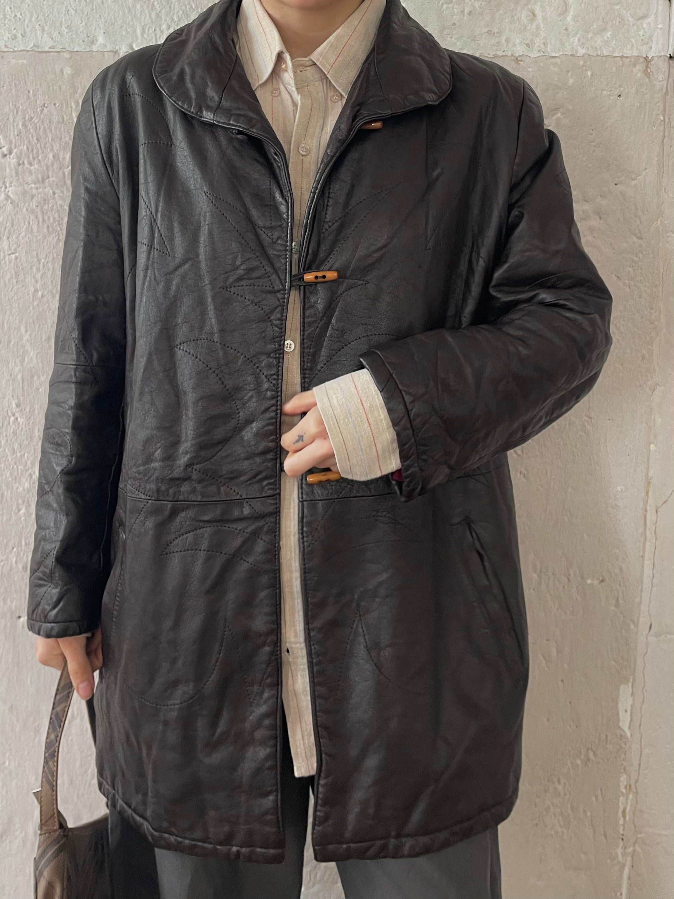 Vintage Leather Coat Women Brown Black – M