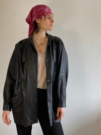 Leather Jacket Vintage Black Patterned Real Leather Unisex Oversized – M/L