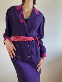 Coat Vintage Purple Floral Embroidered Collar Trench Women – M