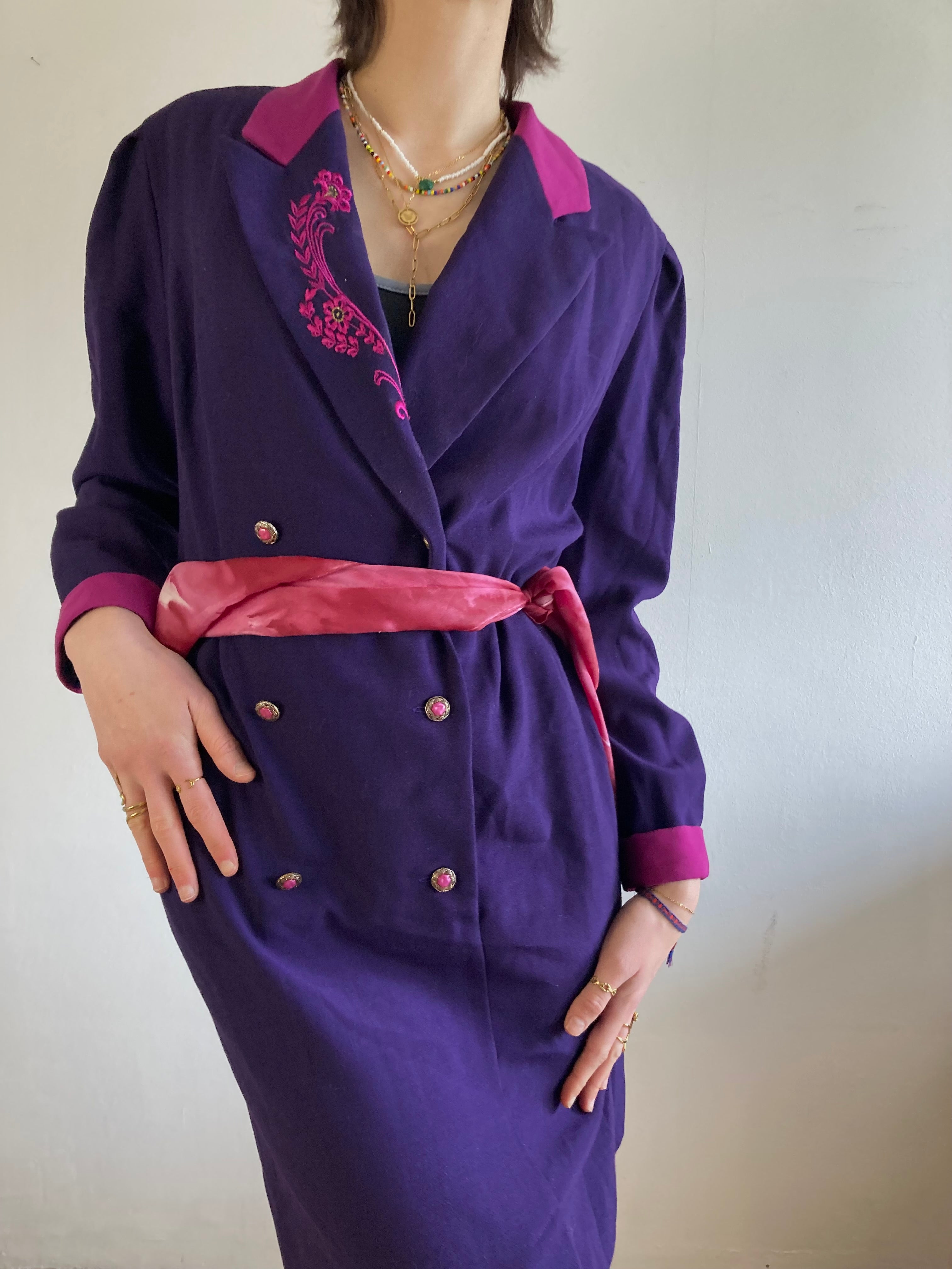Coat Vintage Purple Floral Embroidered Collar Trench Women – M