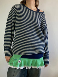 Sweater Vintage Blue White Striped Oversized Cotton Unisex – L