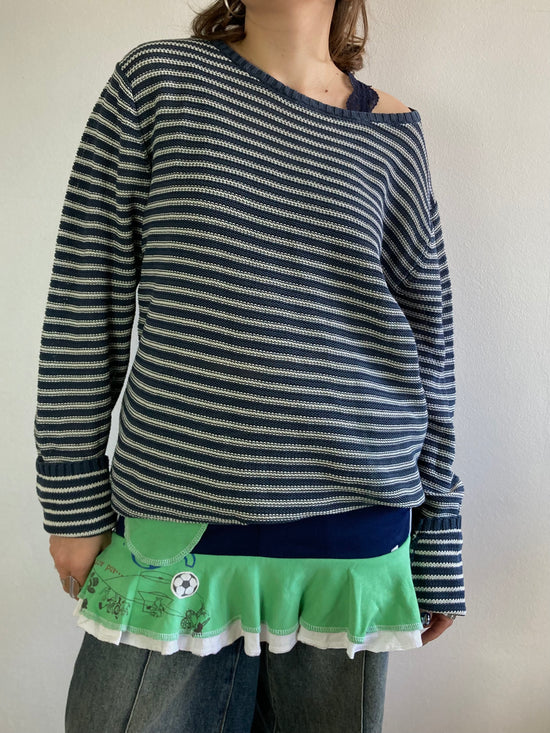 Sweater Vintage Blue White Striped Oversized Cotton Unisex – L