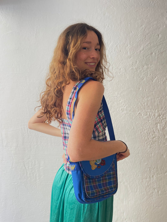 Y2K Checked Lace-Up Crop Top Plaid Pattern Grey/Pink – S/M