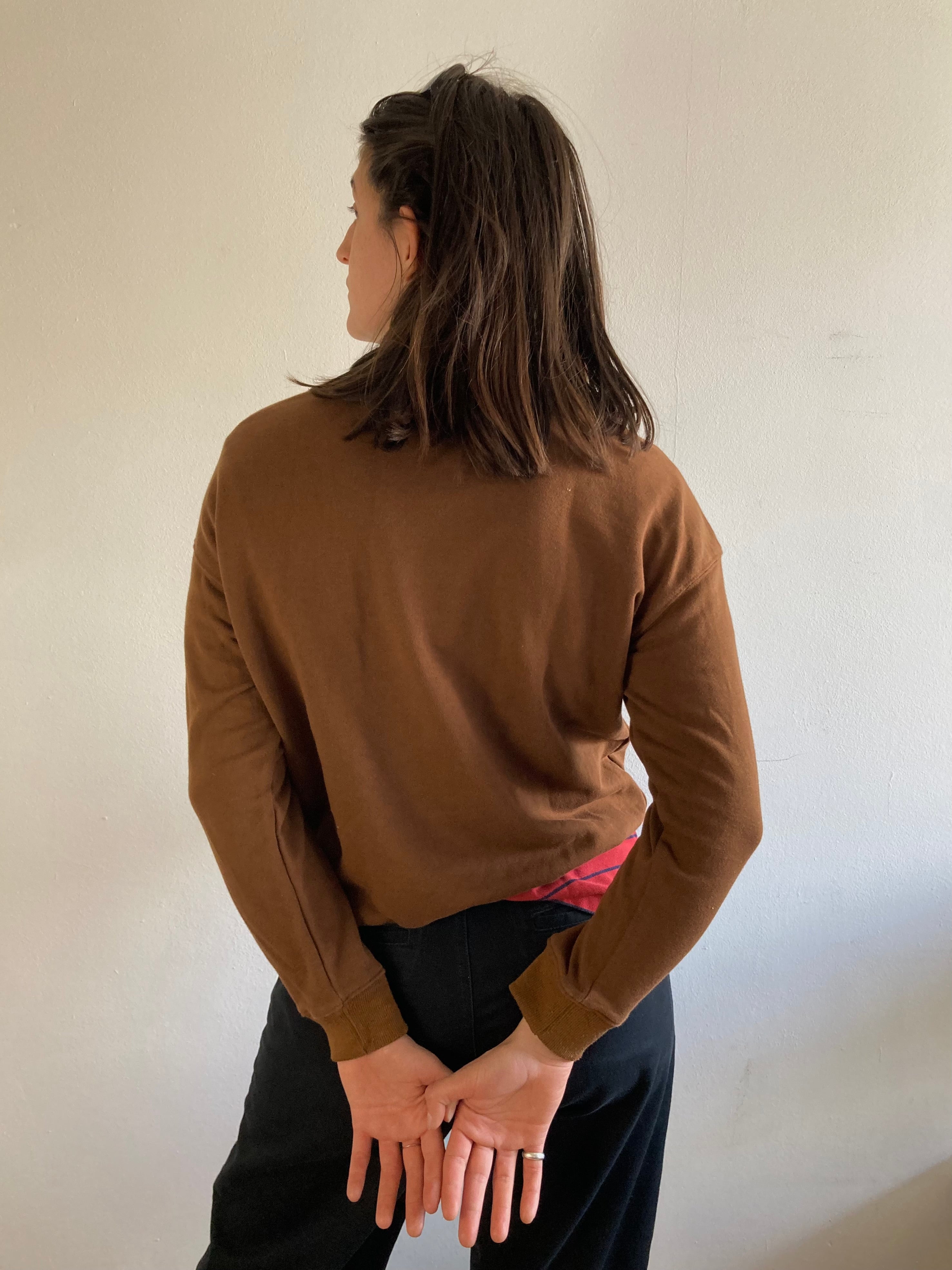 Sweater Vintage 90s Brown Front Stitch Graphic Unisex – M