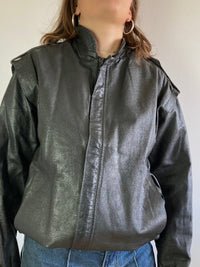 Leather Jacket Vintage Black Shoulder Detail Oversized Unisex – M