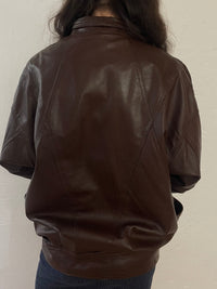 Vintage Oversized Leather Jacket Chocolate Brown Puff Sleeves – M