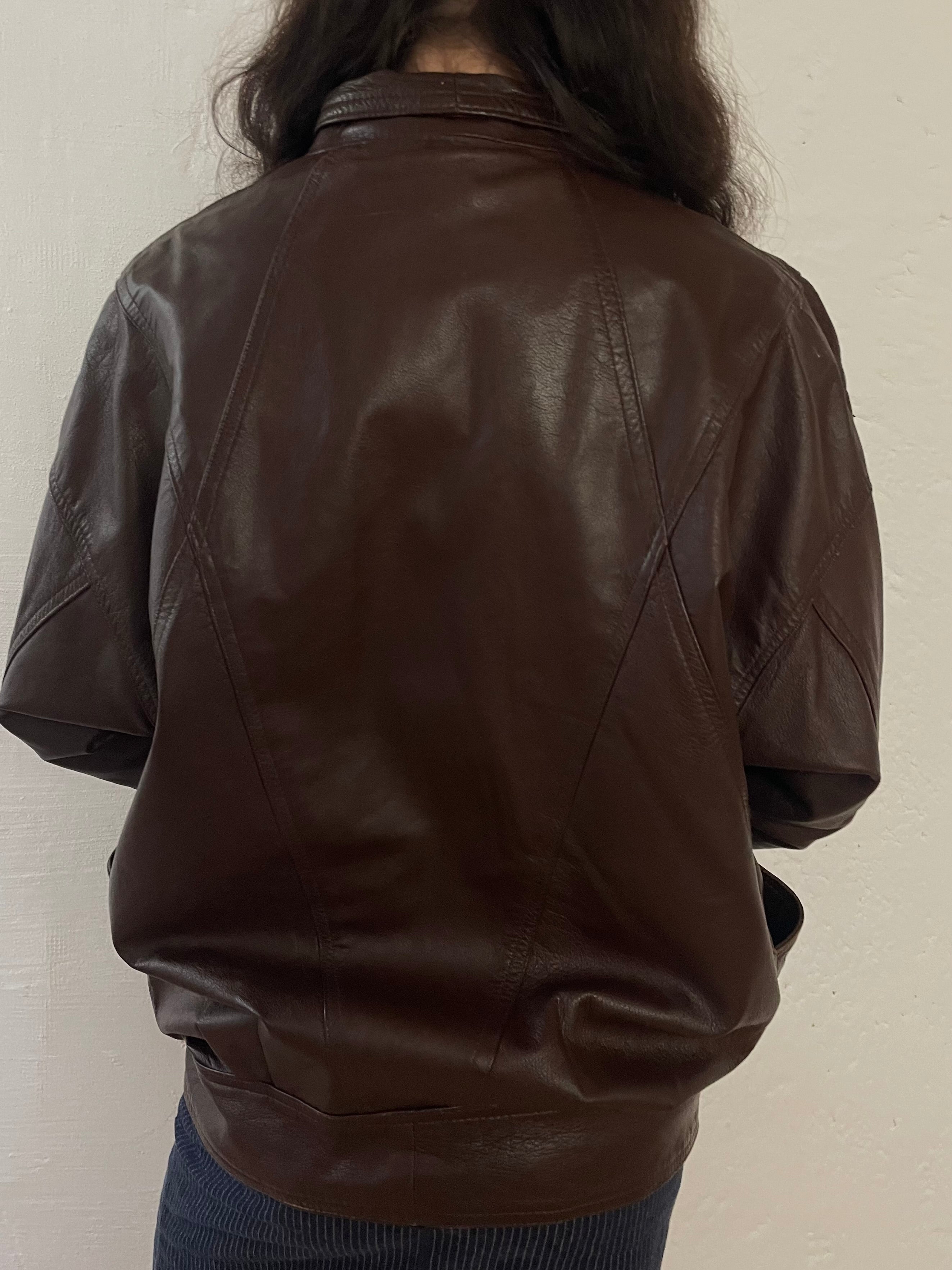 Vintage Oversized Leather Jacket Chocolate Brown Puff Sleeves – M