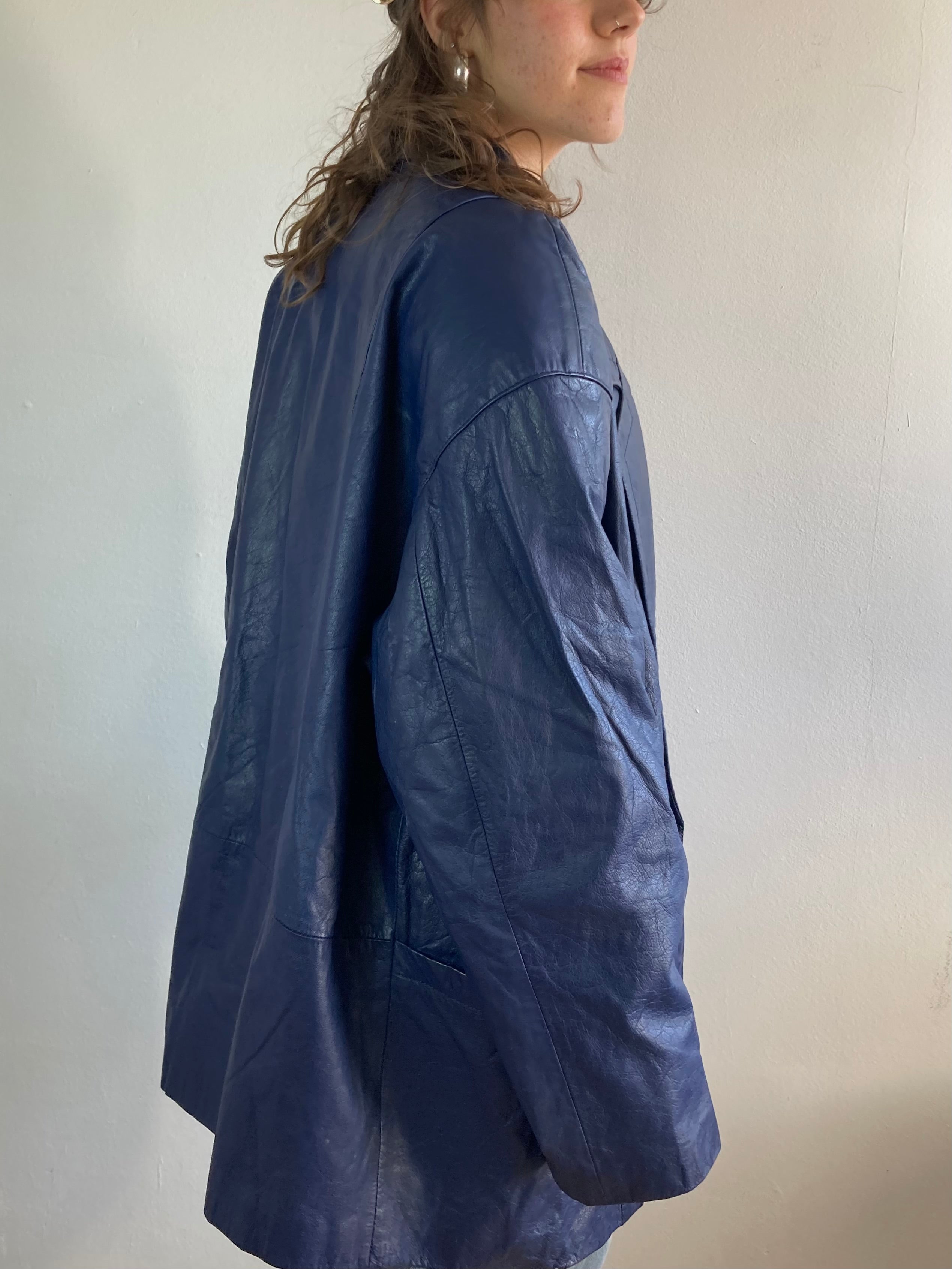 Leather Jacket Vintage Blue Genuine Leather Longsleeve Spring Oversized Unisex – M/L