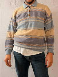 Vintage Oversized Polo Armand Thiery Blue & Cream Striped Wool Blend – XL