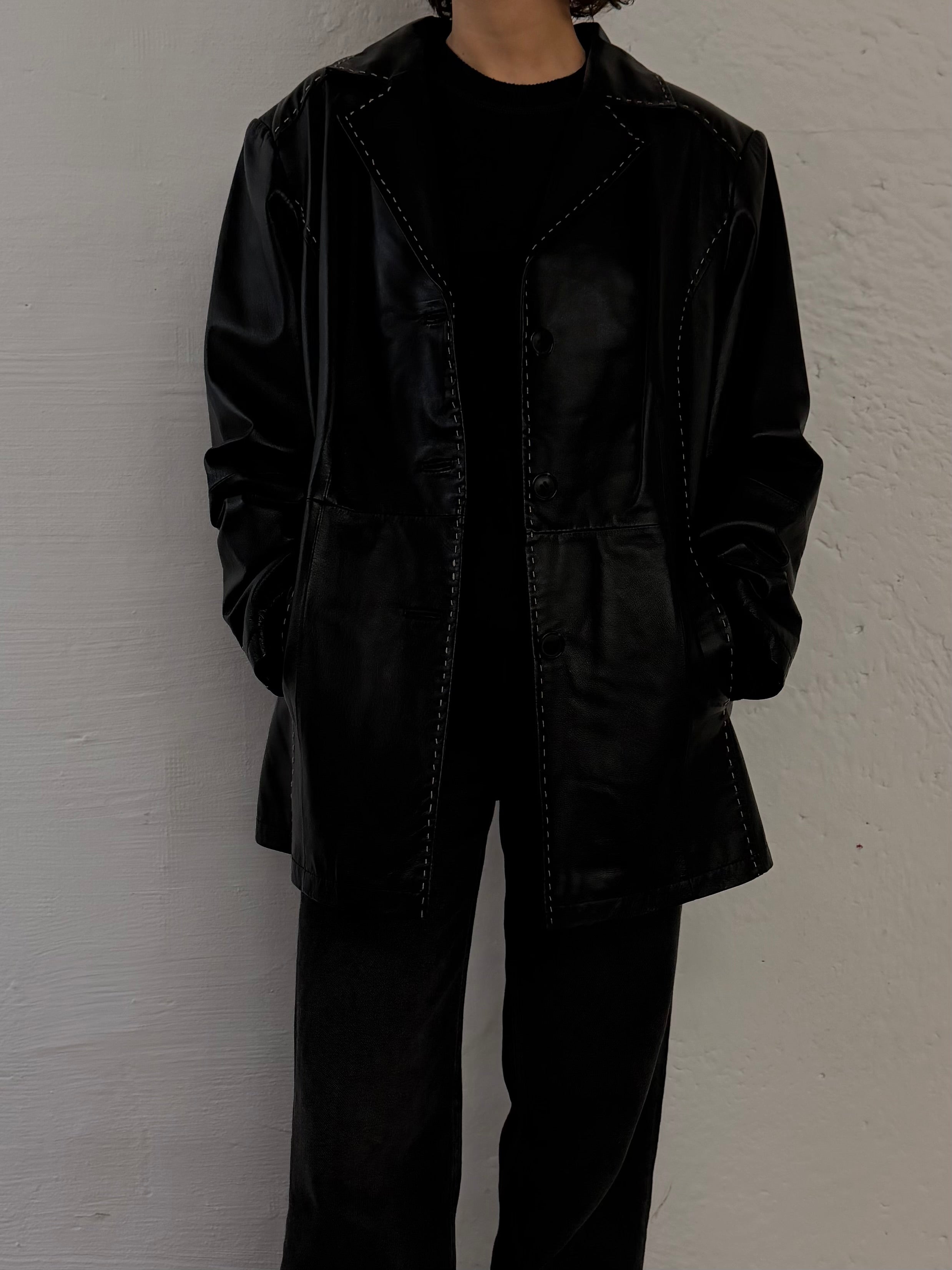 Vintage Leather Jacket Black White Stitching Details – M/L