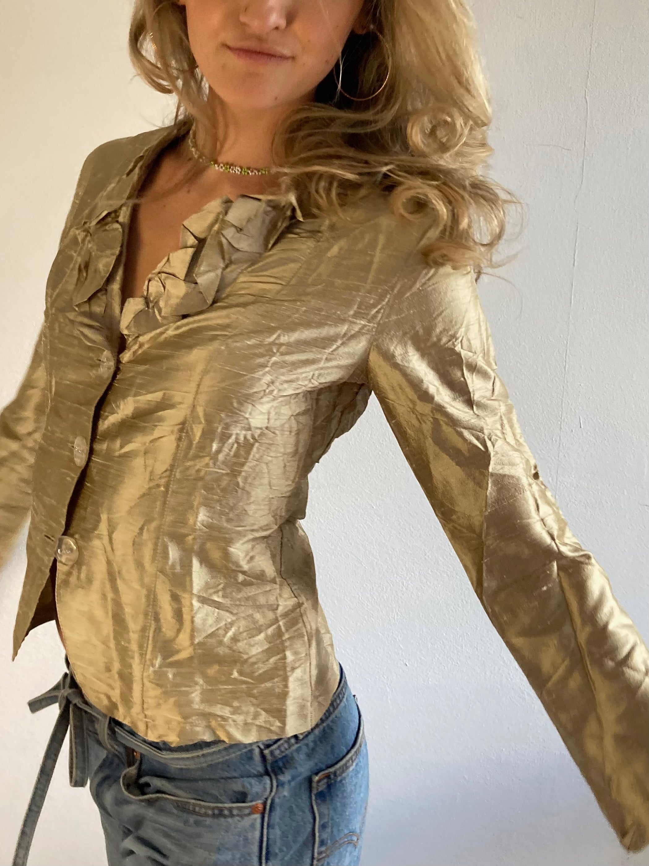 Blouse 100% SIlk Vintage Gold Front Details Made in Italy Elegant Women – M