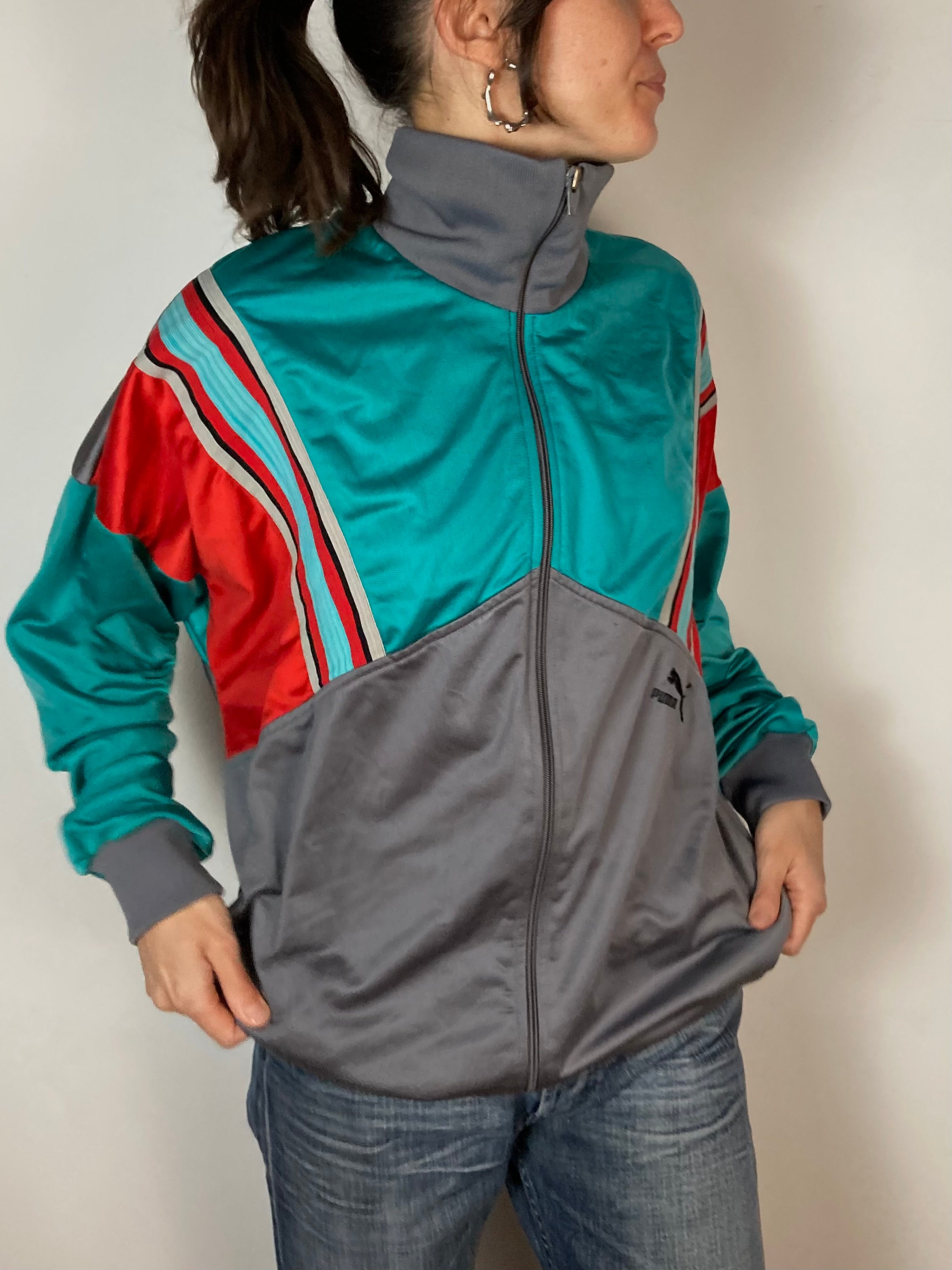 Jacket Vintage Track Jacket Puma Gray Turquoise Red Unisex – L