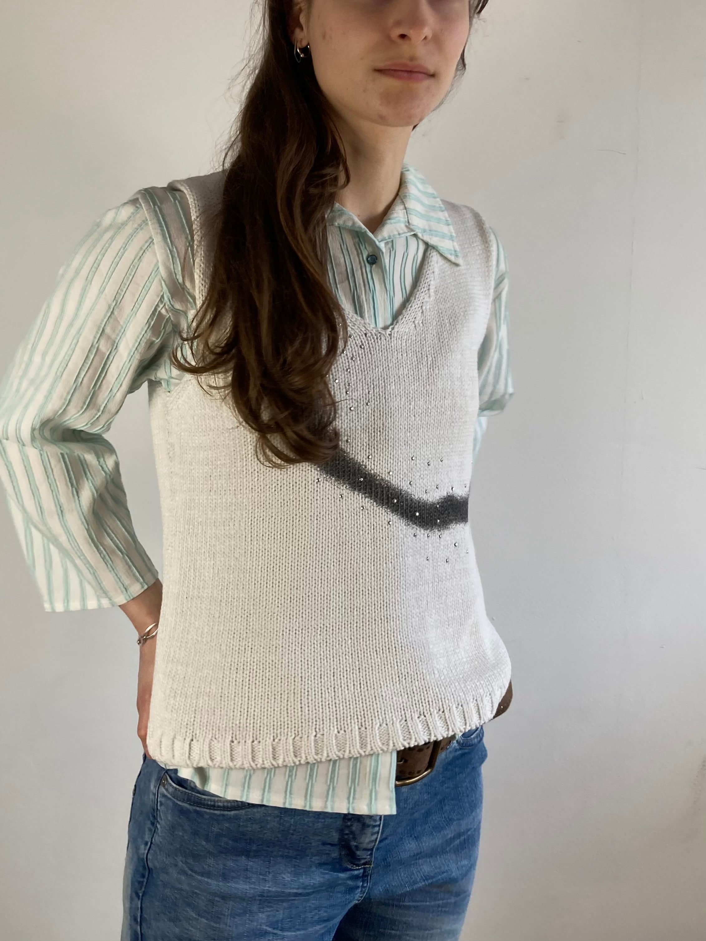 Blouse Vintage Georgina B Striped Blue White Longsleeve Y2K Layering – M