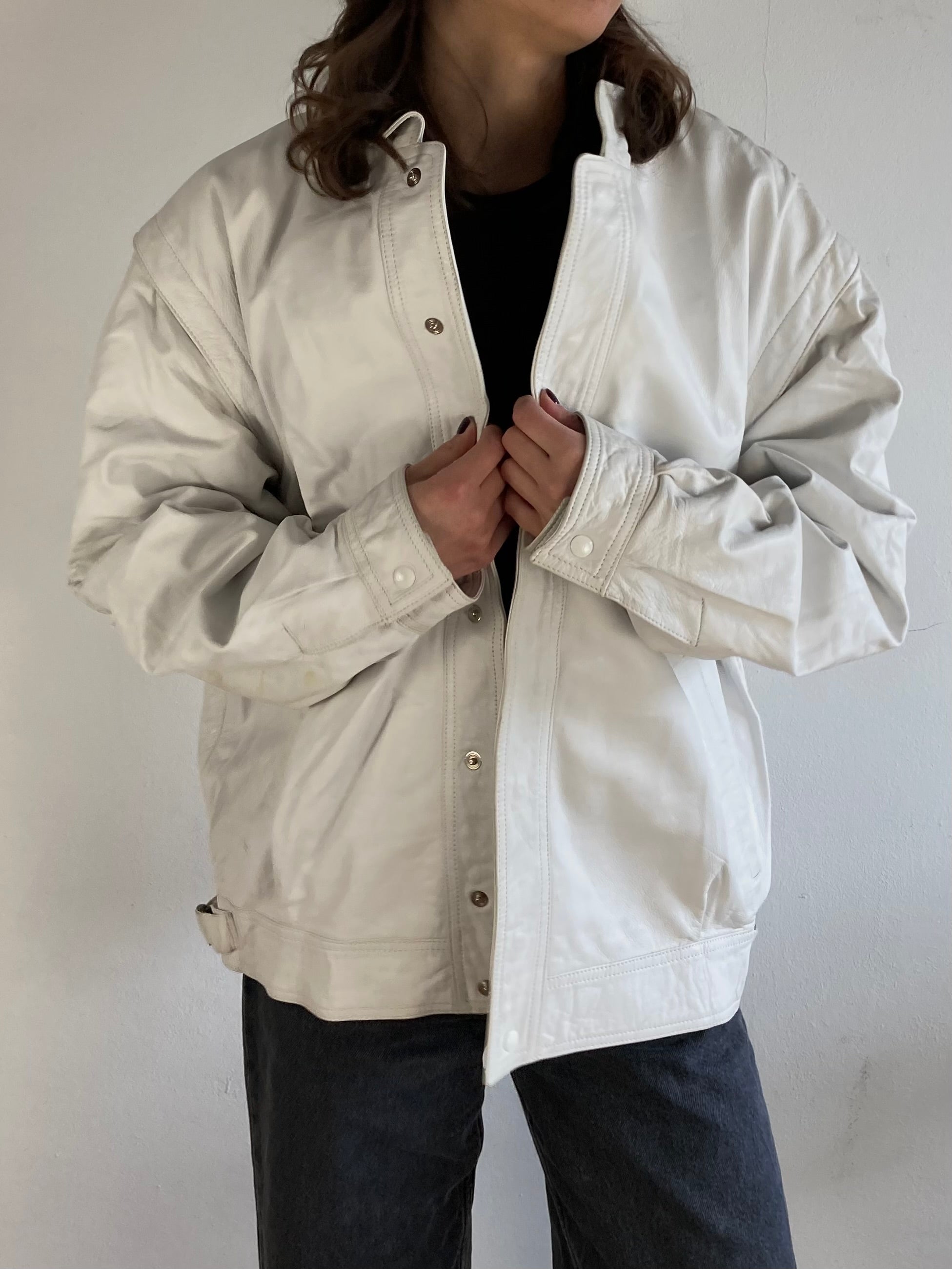 Leather Jacket Vintage DeFrino Cream White Minimal Spring Layering Unisex – M/L