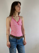 Top Vintage Front Print  Summer White Pink Elastic Slim Fit Women – S
