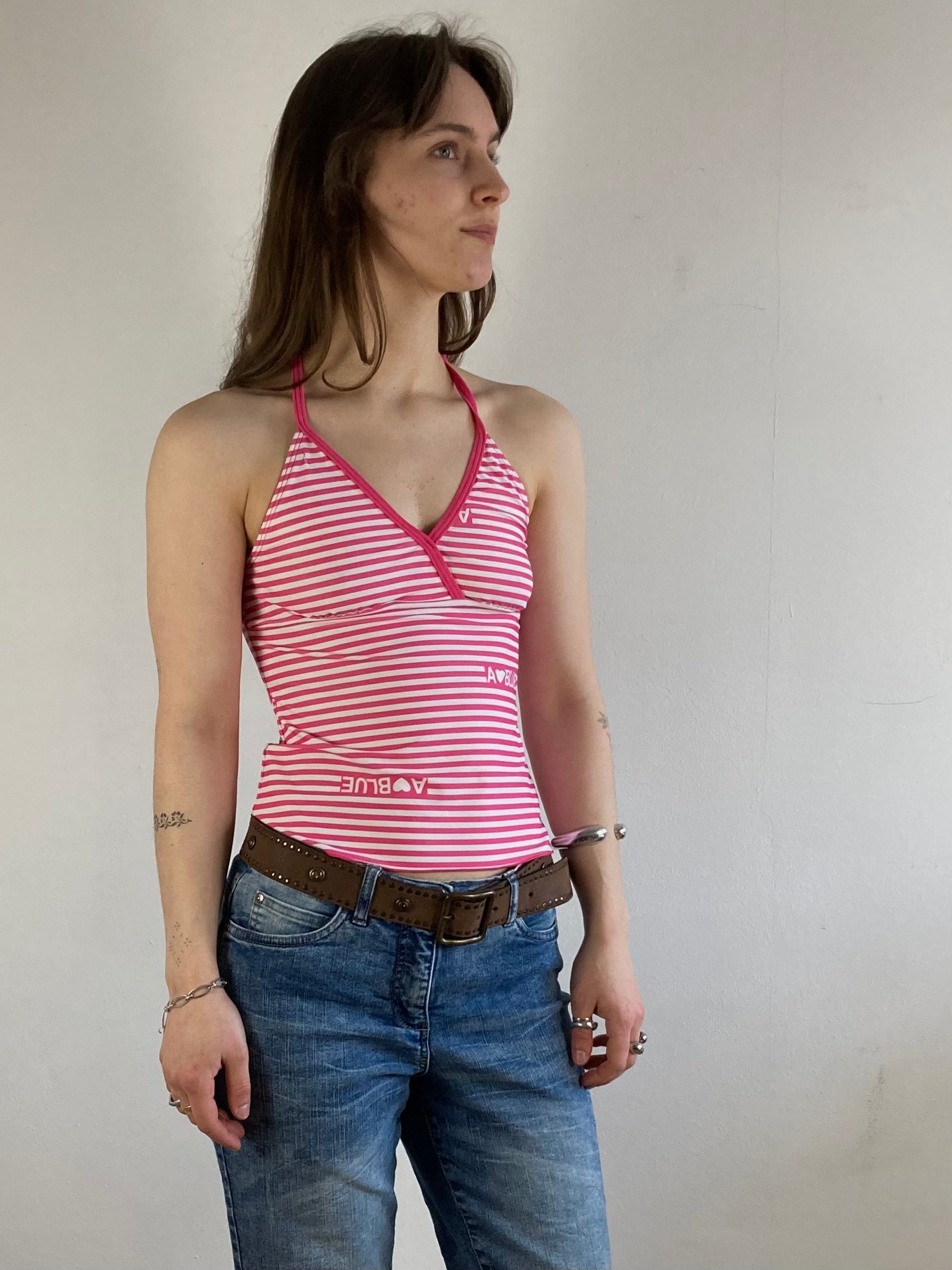 Top Vintage Front Print  Summer White Pink Elastic Slim Fit Women – S