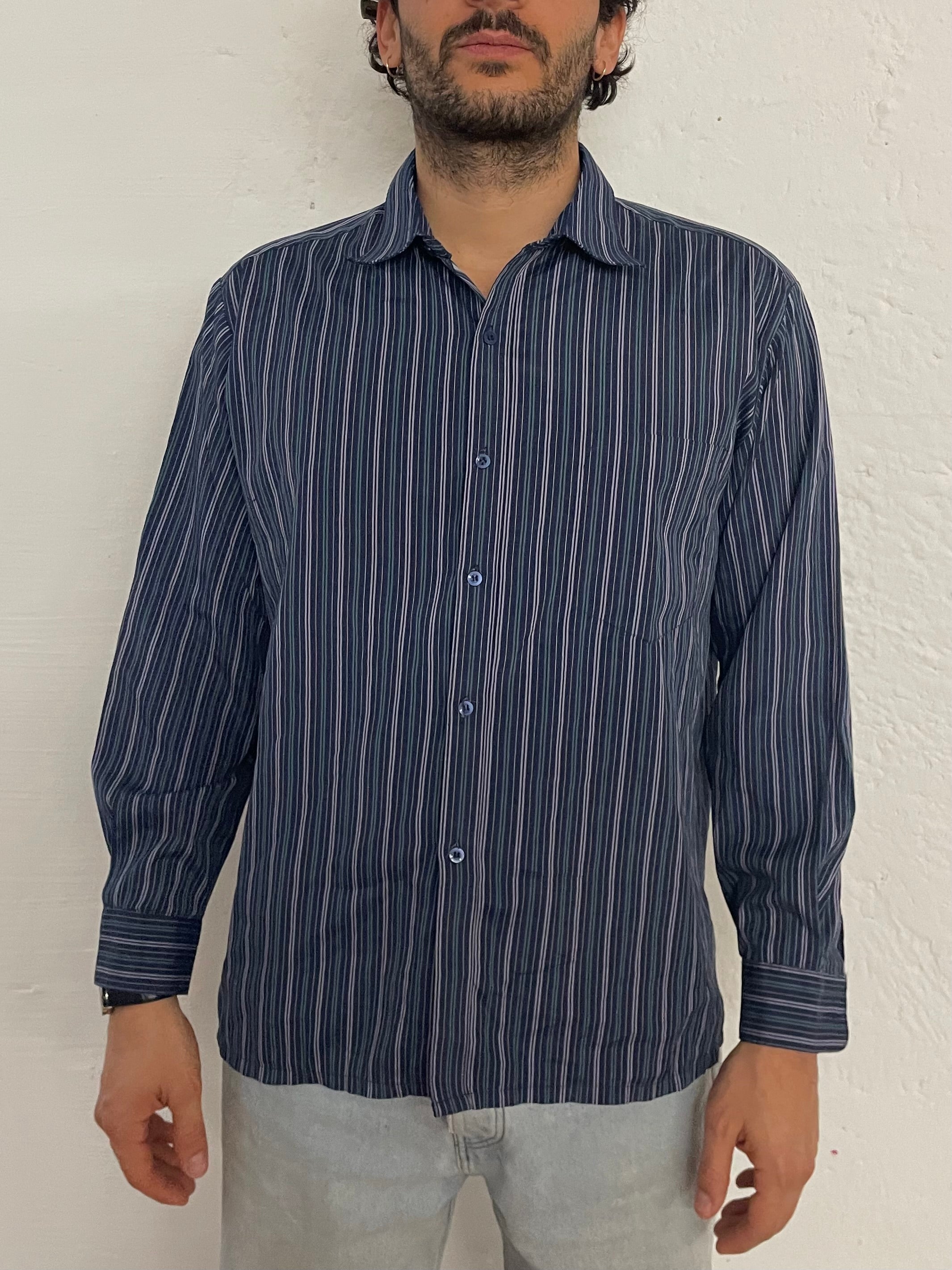 Vintage Yeshi Shirt Long Sleeve Blue Striped – L