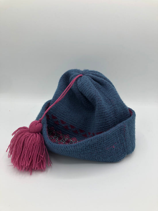 Blue Glitter Knit Beanie Pink Pom-Pom & Band – One Size
