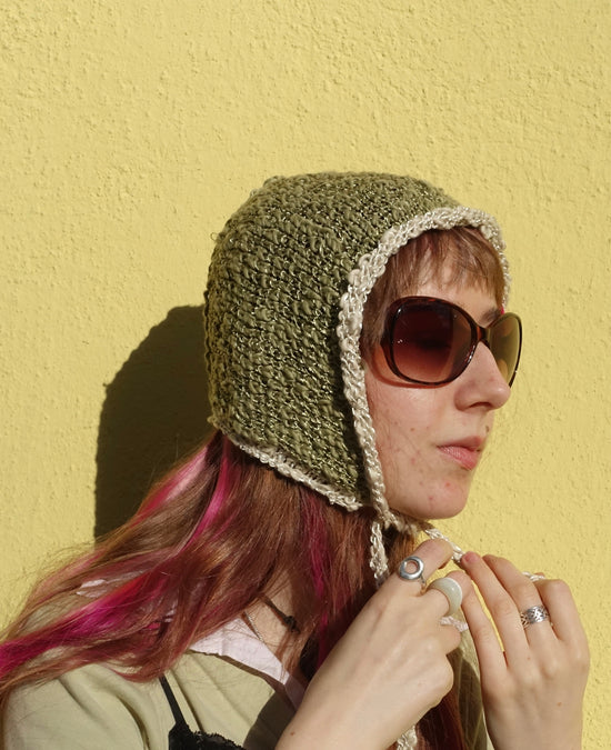 Handmade Cotton Silk Bonnet Maisie Shimmery Soft Green Cream – S/M