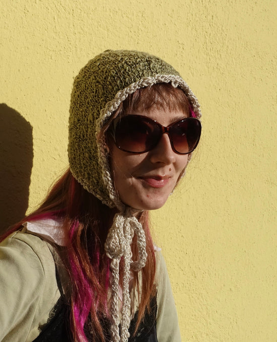 Handmade Cotton Silk Bonnet Maisie Shimmery Soft Green Cream – S/M