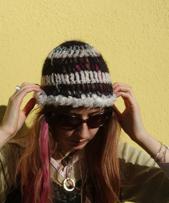 Handmade Wool Fluffy Beanie Trim Black Turquoise White Sprinkled Cream – S