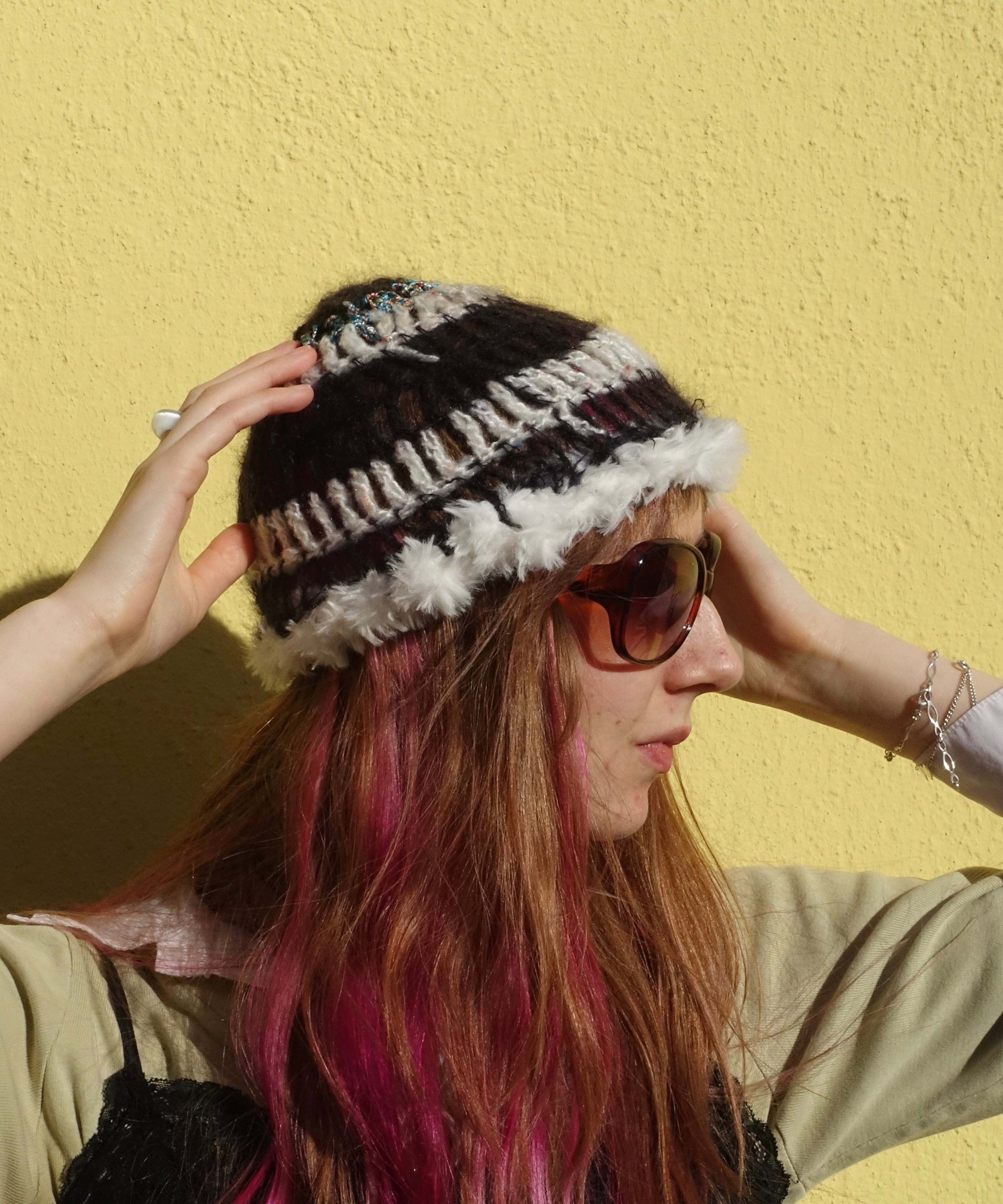 Handmade Wool Fluffy Beanie Trim Black Turquoise White Sprinkled Cream – S