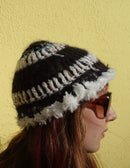 Handmade Wool Fluffy Beanie Trim Black Turquoise White Sprinkled Cream – S